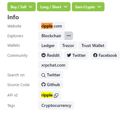 API ID of Ripple from CoinGecko Website